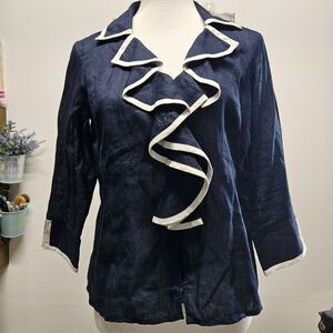 Talbots Petites Navy Blue Ruffle Front Linen Shirt 8P White Trim Preppy Nautical